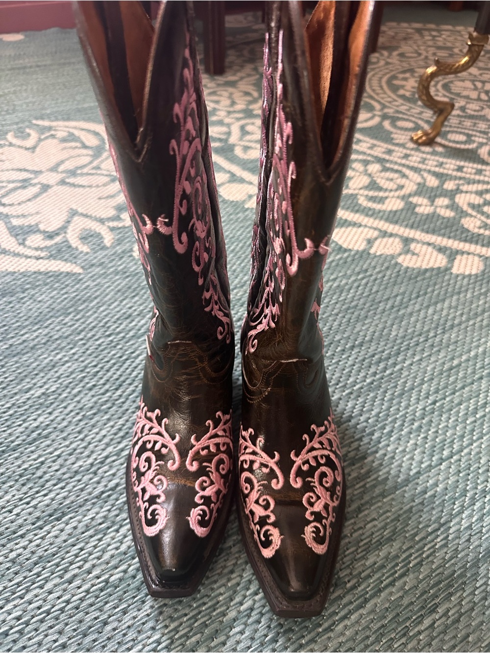 Women's Dark Brown Leather Lace-Up Cowboy Boots with Pink Embroidery size 5 .5